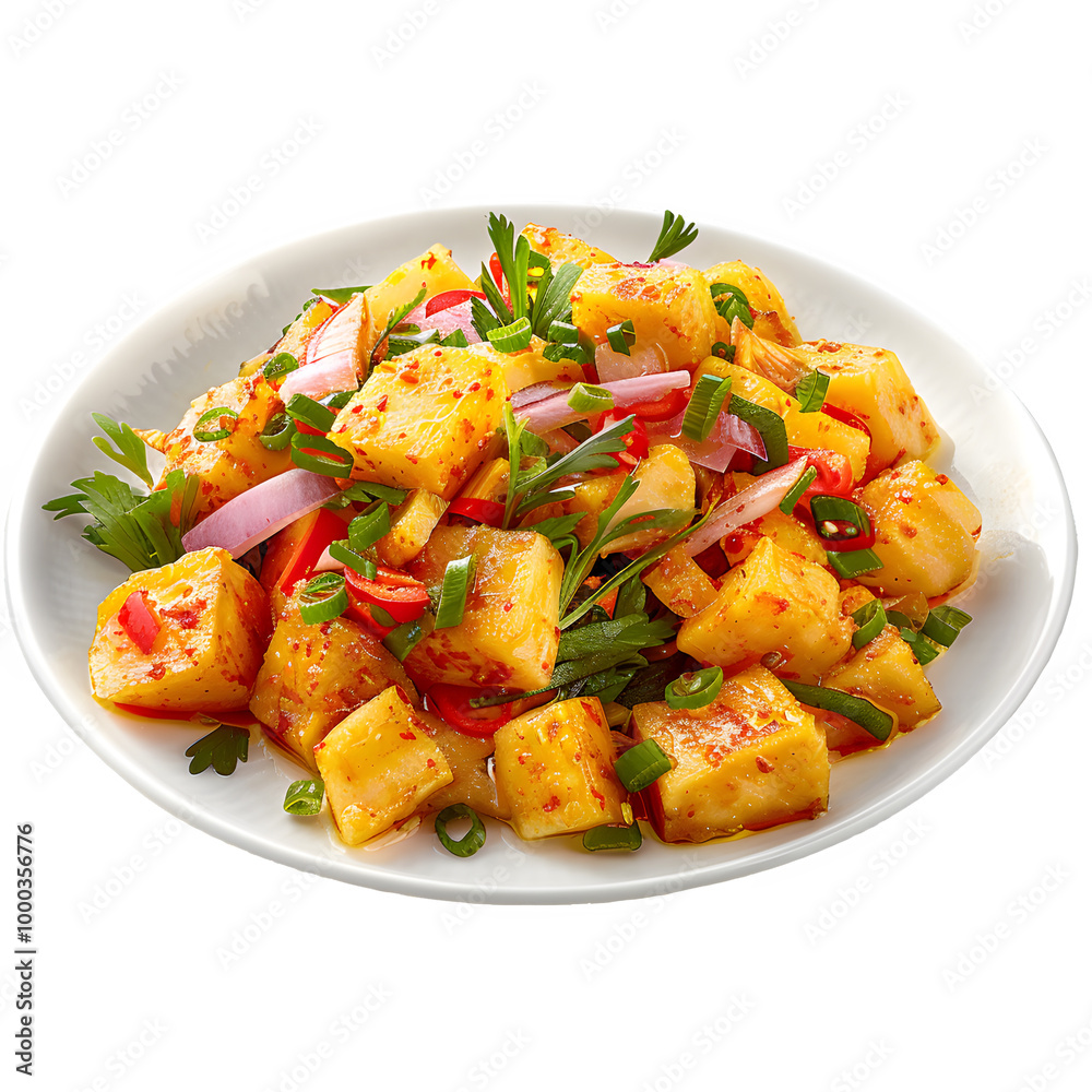 Vibrant pineapple salad featuring fresh herbs, red onion, and chili peppers, served on a white plate, perfect for a refreshing and spicy dish Vibrant pineapple salad featuring fresh herbs, red onion, and chili peppers, served on a white plate, perfect for a refreshing and spicy dish