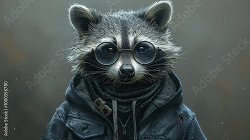Raccoon wearing glasses and a jacket. The raccoon is wearing a jacket and glasses, and it looks like it's posing for a picture
