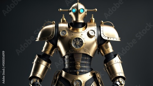 A steampunk-inspired robot with intricate golden details and glowing blue eyes.