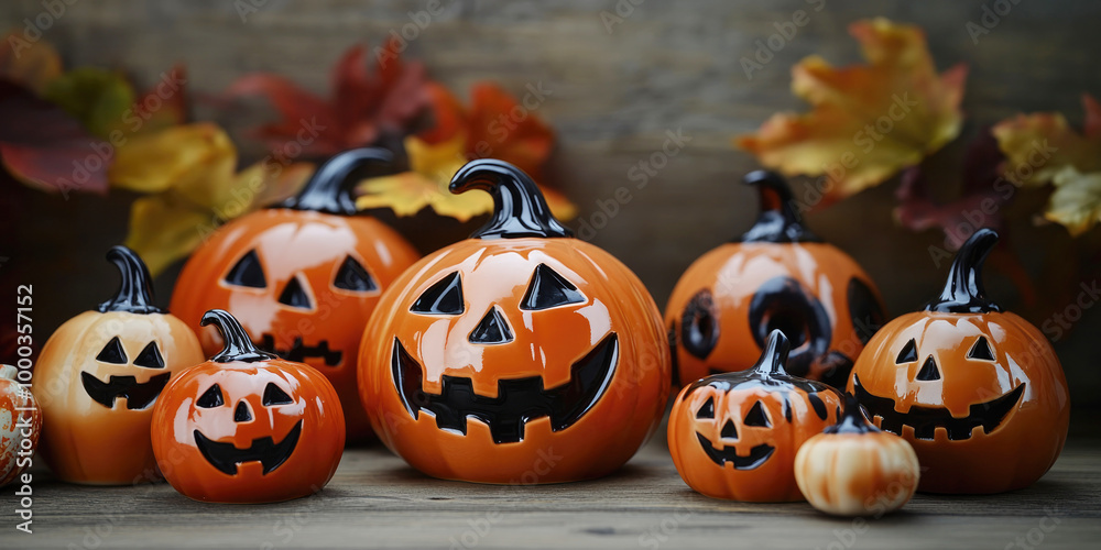 A collection of ceramic jack-o'-lanterns with glossy finishes in various sizes, displayed against a rustic wooden background and autumn leaves, perfect for Halloween decorations. A collection of ceramic jack-o'-lanterns with glossy finishes in various sizes, displayed against a rustic wooden background and autumn leaves, perfect for Halloween decorations.