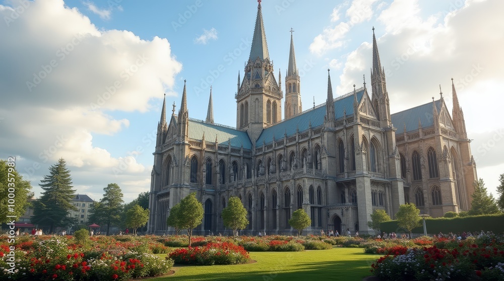 A medieval cathedral with a garden of beautiful flowers A medieval cathedral with a garden of beautiful flowers
