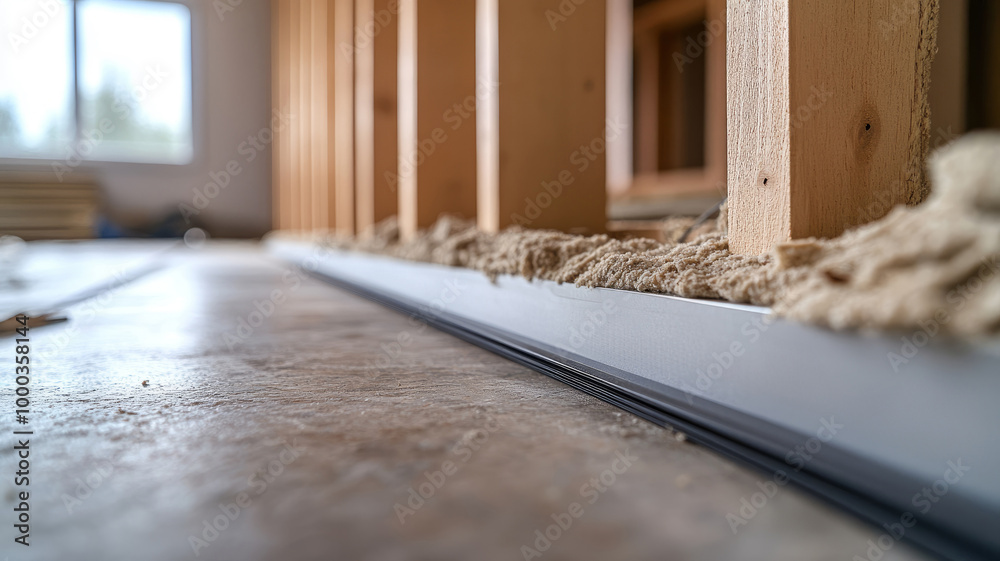 Close-up of wall insulation being installed in a wood frame. Close-up of wall insulation being installed in a wood frame.