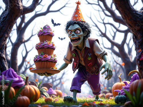 Zombie's Spooky Sweet: A whimsical 3D render of a cheerful zombie carrying a towering cupcake birthday cake through a Halloween forest  - Generated by Generative AI