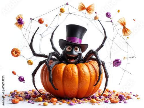 Happy Halloween Spider: A cheerful, cartoon spider wearing a top hat sits in a pumpkin surrounded by Halloween decorations  - Generated by Generative AI