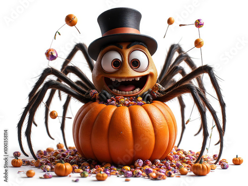 Happy Halloween Spider:  A friendly cartoon spider wearing a top hat is perched on a pumpkin filled with candy in a 3D rendered image  - Generated by Generative AI