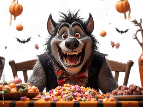 Happy werewolf enjoys a spooky feast of Halloween candy - Generated by Generative AI