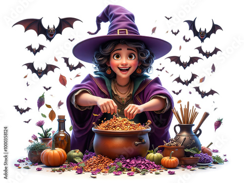 Happy Halloween Witch: A charming cartoon witch is preparing a magical potion for the spooky holiday, surrounded by bats and autumnal ingredients - Generated by Generative AI