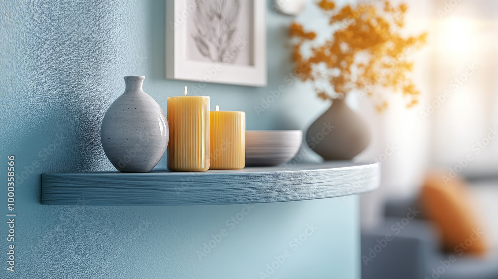 Stylish shelf with candles, vases, and flowers in sunlight Stylish shelf with candles, vases, and flowers in sunlight