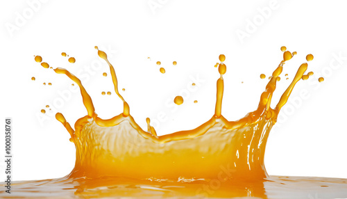 Vibrant orange juice splash captured mid-air with shimmering droplets showcasing the energy of liquid motion in a transparent scene. Liquid splash transparent.