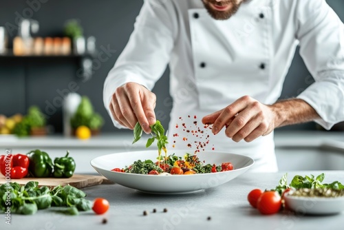 Chef garnishing gourmet salad with fresh herbs and vegetables in modern kitchen