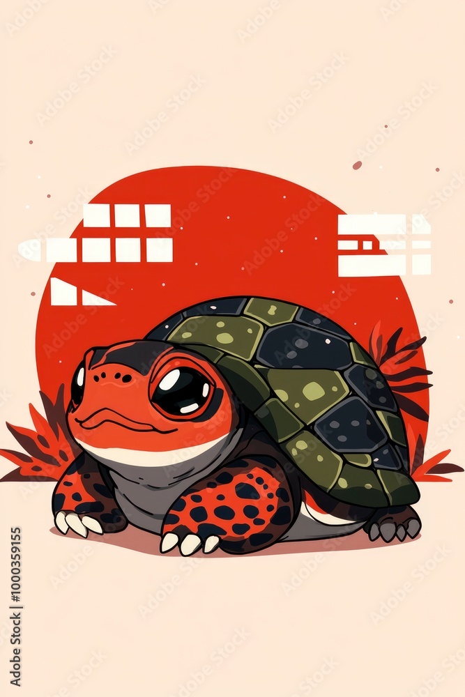 Obraz premium Cute Cartoon Turtle with Green Shell and Big Eyes
