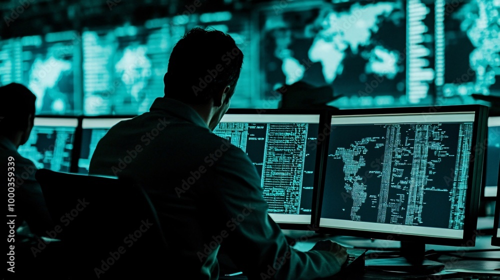 Two men in a dark room working at computer screens showing data and a world map. Generative Ai Two men in a dark room working at computer screens showing data and a world map. Generative Ai