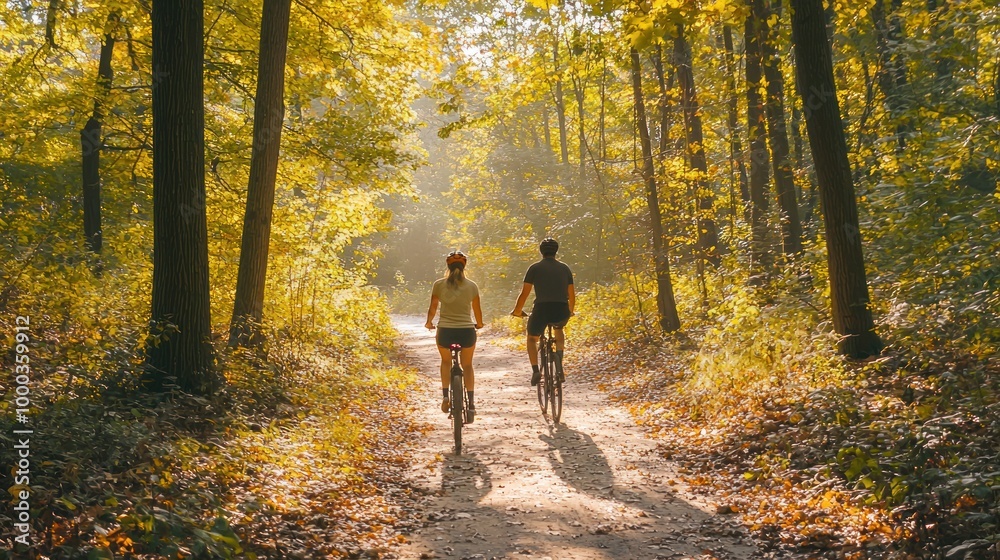 A couple riding bicycles along a winding forest trail, with sunlight filtering through the leaves and A couple riding bicycles along a winding forest trail, with sunlight filtering through the leaves and