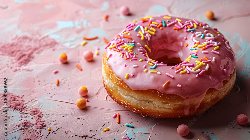 Pink glazed donut with colorful sprinkles on pink textured surface. Studio food photography. Dessert and sweet treat concept. Design for menu, banner, poster, and print. Pink glazed donut with colorful sprinkles on pink textured surface. Studio food photography. Dessert and sweet treat concept. Design for menu, banner, poster, and print.