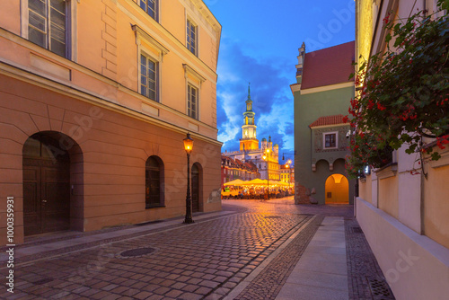 Evening View of Poznan Old Town Square with Illuminated Town Hall