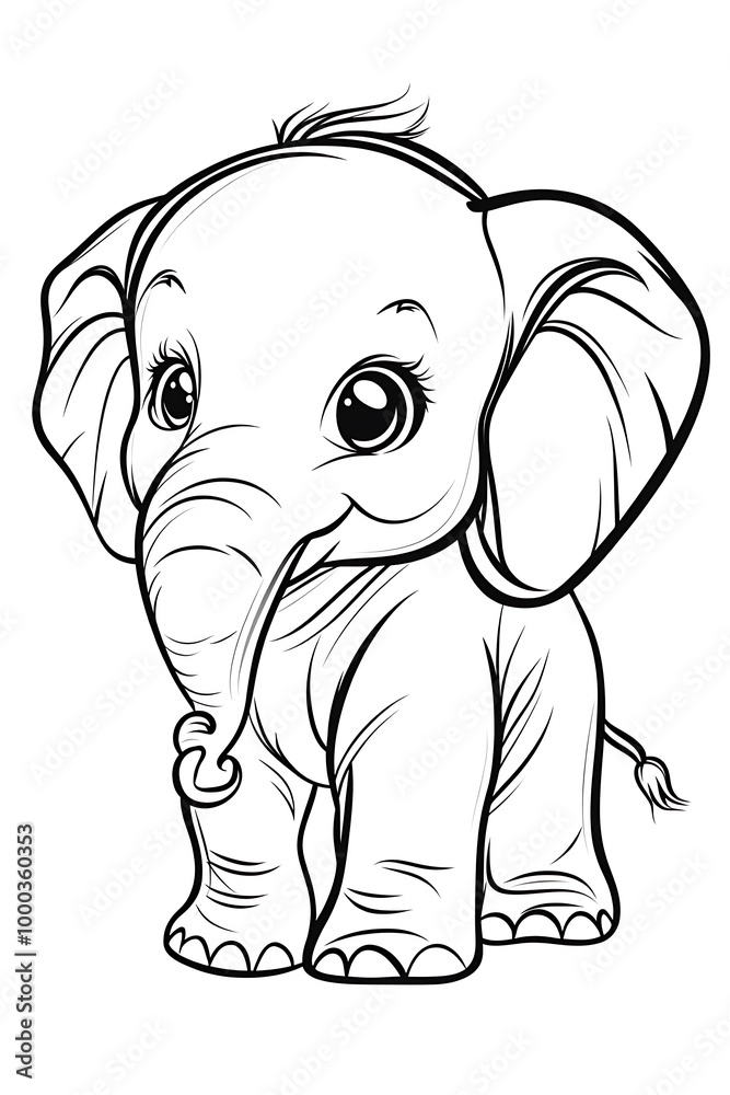 Fototapeta premium Cute Cartoon Baby Elephant Line Art Illustration