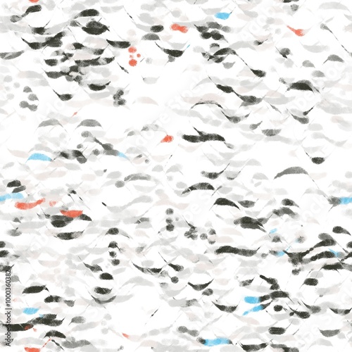 Abstract wavy pattern with chaotic brush strokes. Charcoal, day sky blue, dark peach and platinum colors. Seamless hand drawn pattern.