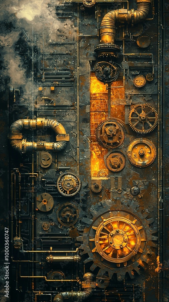 Fototapeta premium A background of intricate steampunk gears and pipes, with golden accents and...