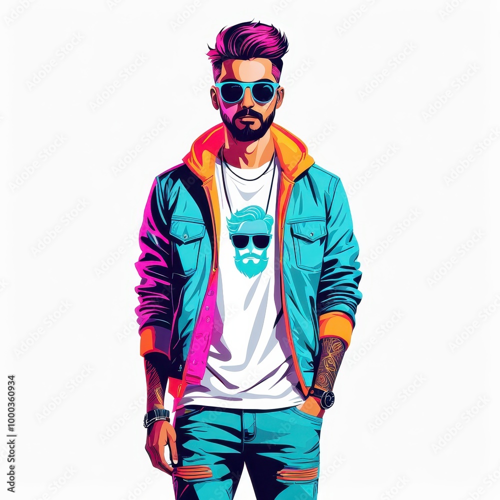 A stylish young man with colorful hair and sunglasses, dressed in a vibrant outfit. A stylish young man with colorful hair and sunglasses, dressed in a vibrant outfit.