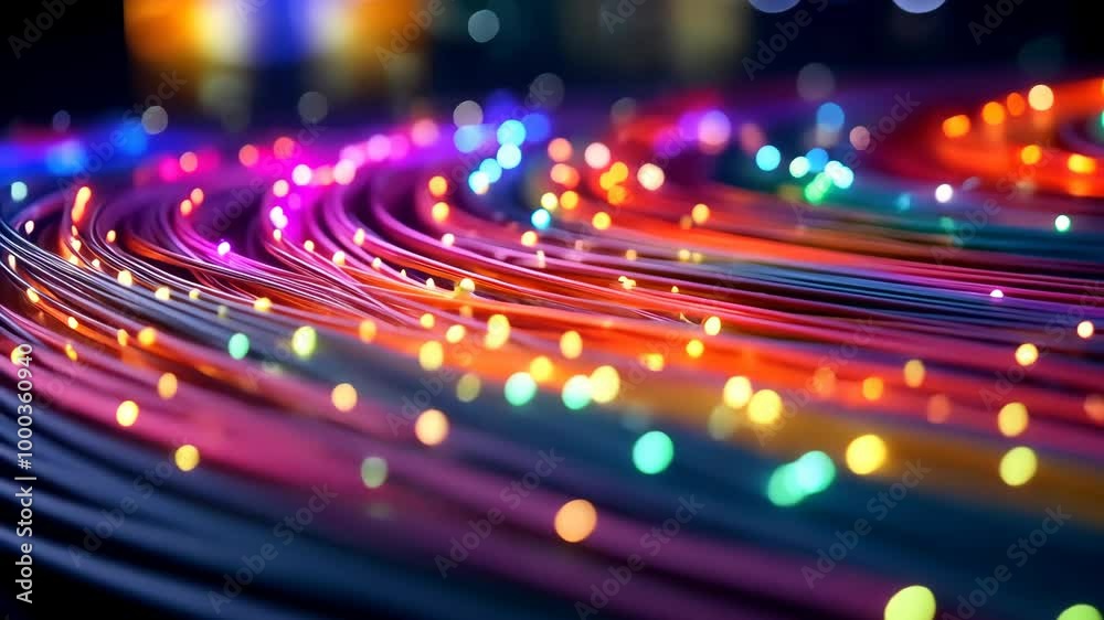 A stunning array of colorful lights dances along the flowing cables, captivating viewers at the evening tech festival A stunning array of colorful lights dances along the flowing cables, captivating viewers at the evening tech festival