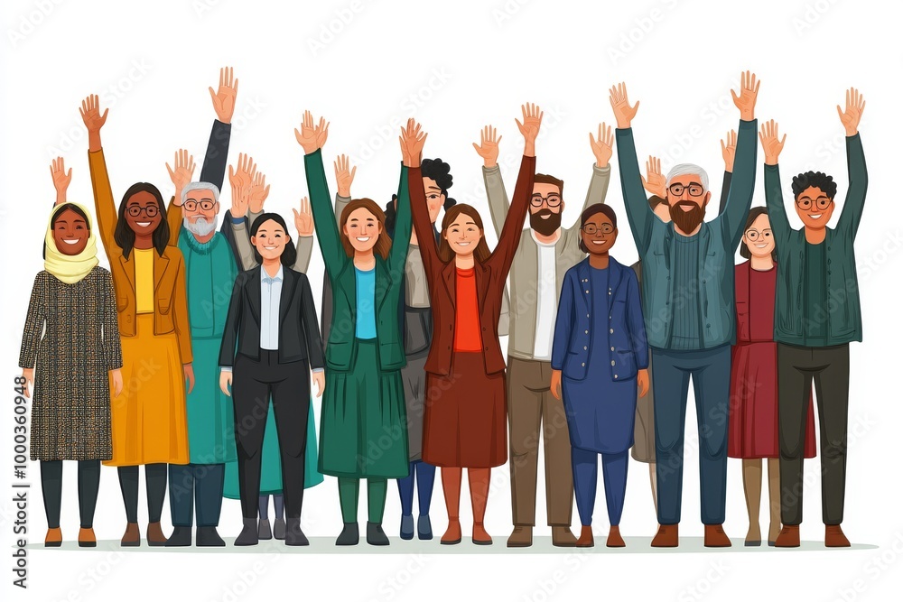 Obraz premium Group of people raising their hands in a celebration symbolizing unity support and community in a joyful inclusive atmosphere