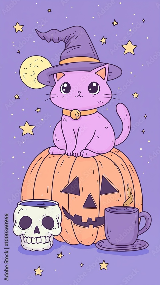 Fototapeta premium A cute purple cat sitting on top of a pumpkin, wearing a witch hat, with a...