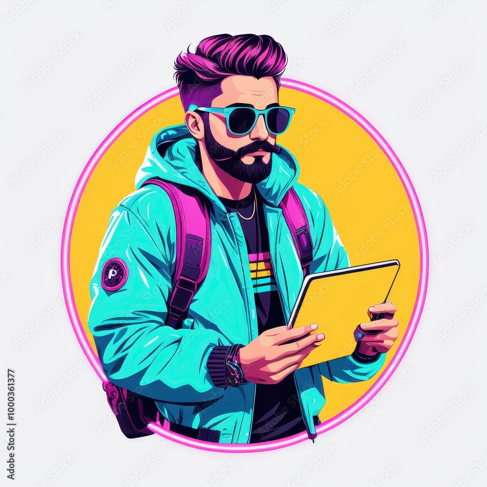 A stylish young man with a backpack holds a tablet, dressed in a vibrant jacket and sunglasses. A stylish young man with a backpack holds a tablet, dressed in a vibrant jacket and sunglasses.