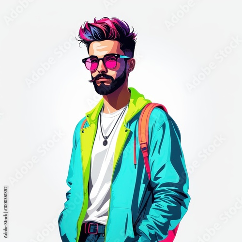 A stylish young man with colorful hair and sunglasses, dressed in a vibrant hoodie.