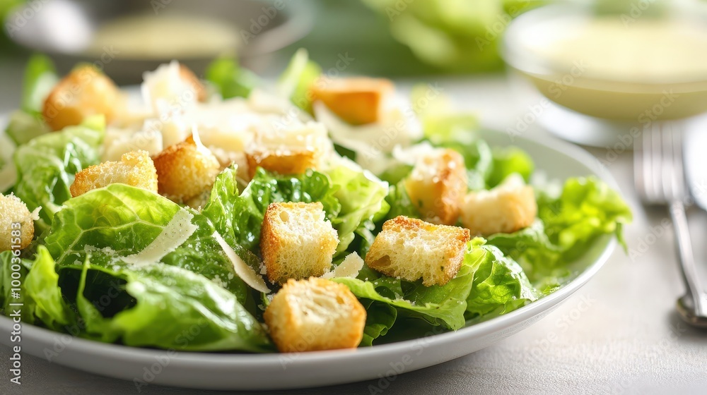 Fresh and Appetizing Caesar Salad with Croutons, Parmesan, and Dressing on Table in Soft Daylight Fresh and Appetizing Caesar Salad with Croutons, Parmesan, and Dressing on Table in Soft Daylight