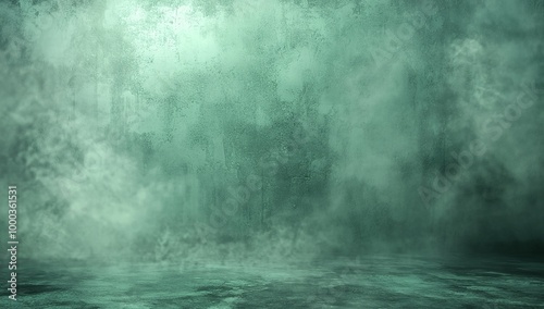 Abstract green background with a blurred texture of the wall, smoke, and fog...