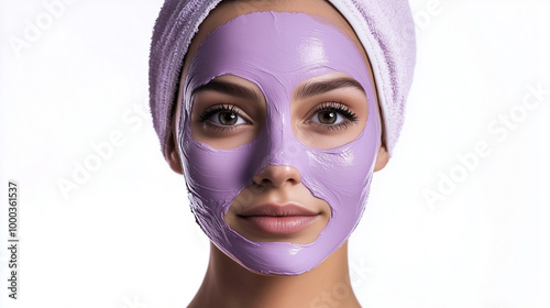 Young female with cosmetic purple clay mask, white background 