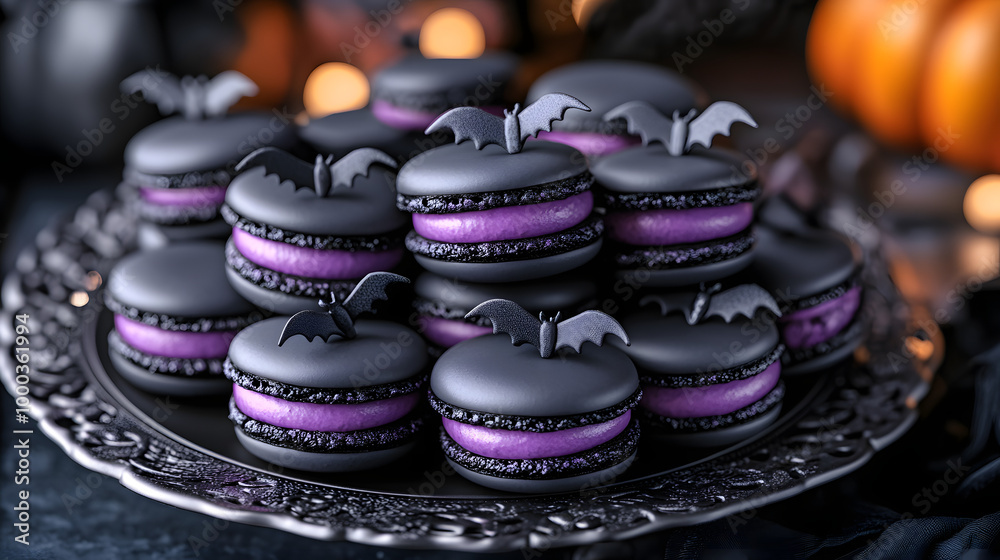 Black Macarons with Edible Bats Black Macarons with Edible Bats