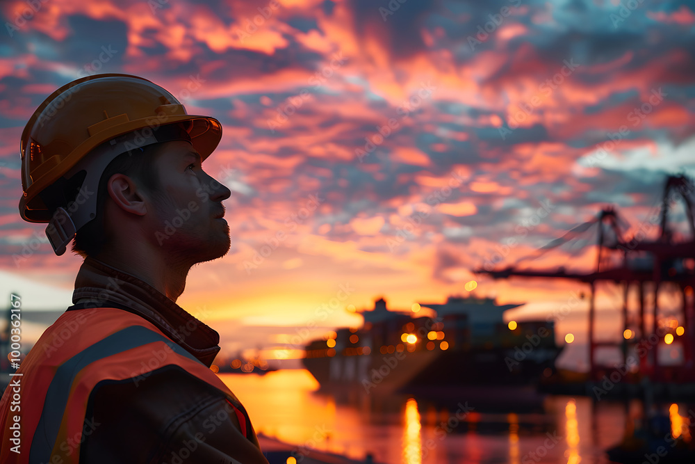 A silhouette of a dock worker in a hard hat and vest, observing cargo ships and cranes at a port under a sunset sky. Themes include commerce, labor, logistics, and seafaring A silhouette of a dock worker in a hard hat and vest, observing cargo ships and cranes at a port under a sunset sky. Themes include commerce, labor, logistics, and seafaring