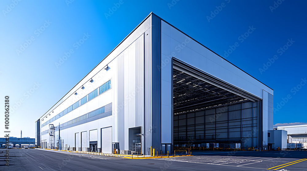 Modern Industrial Facility: Sleek Architecture of a Large Warehouse Building Under a Clear Blue Sky Modern Industrial Facility: Sleek Architecture of a Large Warehouse Building Under a Clear Blue Sky