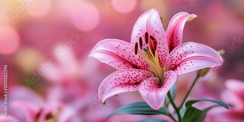 view of pink lily's intricate stamens and delicate soft pink petals, enhanced by a glowing bokeh background