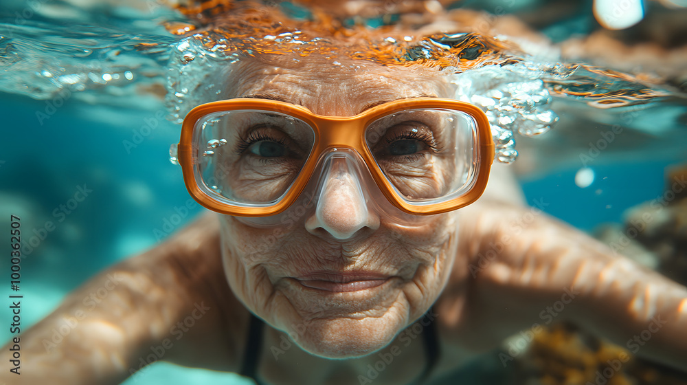 Naklejka premium A Dive Into Life's Depths: A Captivating Portrait of an Elderly Diver Exploring the Underwater World