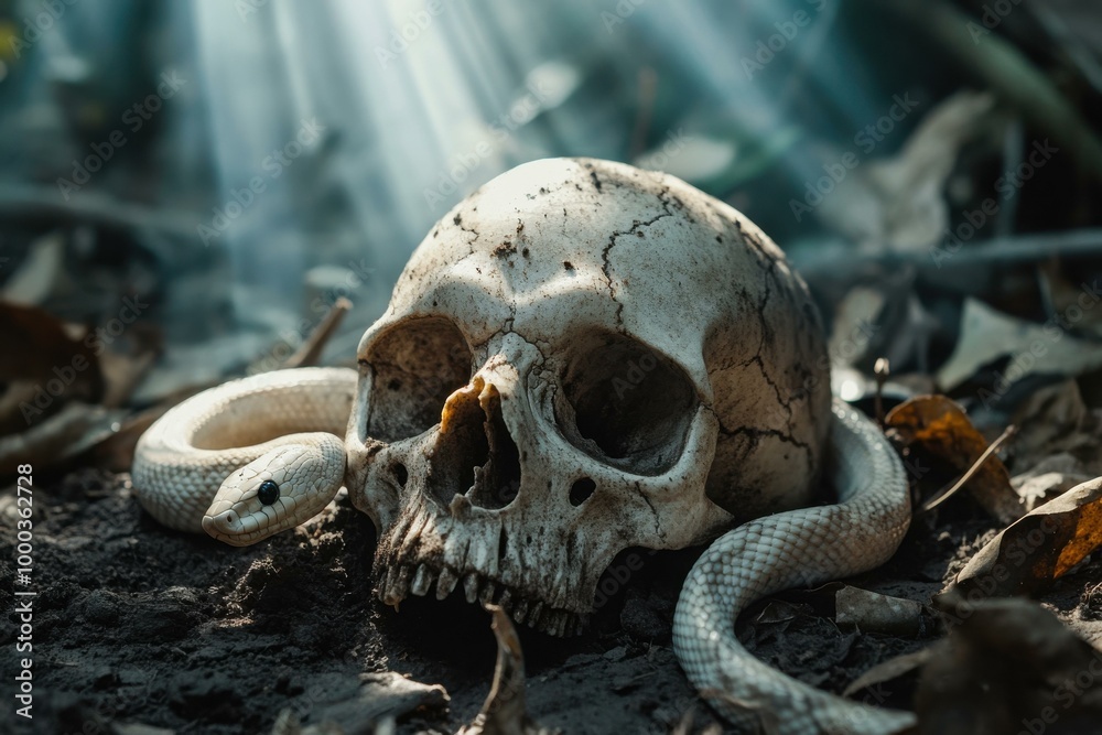 Realistic Skull with Snake on Dark Ground - Eerie Halloween Decor and Mortality Symbolism for Spooky Marketing and Seasonal Decorations Realistic Skull with Snake on Dark Ground - Eerie Halloween Decor and Mortality Symbolism for Spooky Marketing and Seasonal Decorations