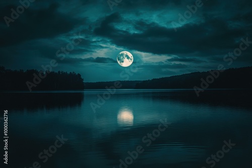 Eerie Full Moon Reflection on Calm Lake - Mystical Nighttime Landscape for Halloween Promotions, Atmospheric Decor, and Nature Photography