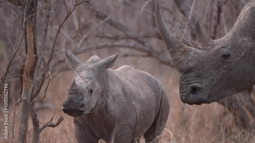 African White Rhino mother and baby are nervous in the wind because they cannot hear danger approaching. Baby rhino is the future of a herd threatened by ivory poaching. Slow motion, 25% natural speed
