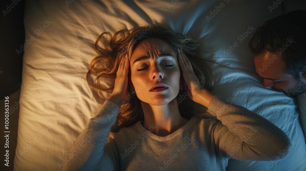 Annoyed Woman Closing Ears to Loud Snoring of Sleeping Husband in Cozy Bedroom - Frustration and Discomfort in Shared Space Concept Annoyed Woman Closing Ears to Loud Snoring of Sleeping Husband in Cozy Bedroom - Frustration and Discomfort in Shared Space Concept