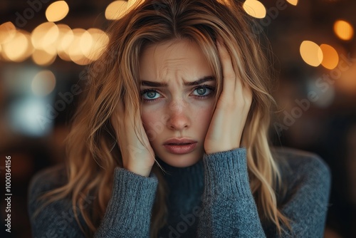 Distressed young woman with hands on head, expressing anxiety, wearing a grey sweater against bokeh background, useful for mental health awareness, stress relief, and psychological therapy content