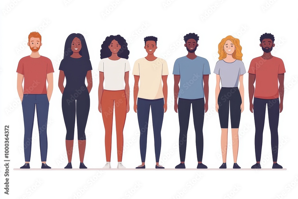 Fototapeta premium Group of six diverse individuals standing together representing unity inclusion and diversity in a modern illustration style with flat design elements