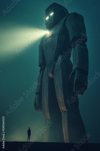 Giant robot statue in misty night with person standing, powerful and mysterious futuristic sculpture under starry sky, ideal for scifi themes, concept art, and digital illustrations