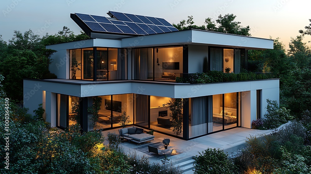 Modern sustainable home with solar panels on the roof and large windows Modern sustainable home with solar panels on the roof and large windows