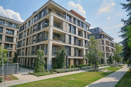 New apartment building with large windows and balconies situated in a contemporary residential area