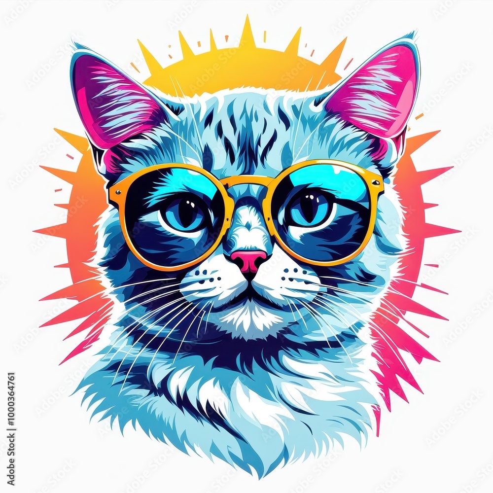 Fototapeta premium A stylized illustration of a cat wearing sunglasses with a colorful background.