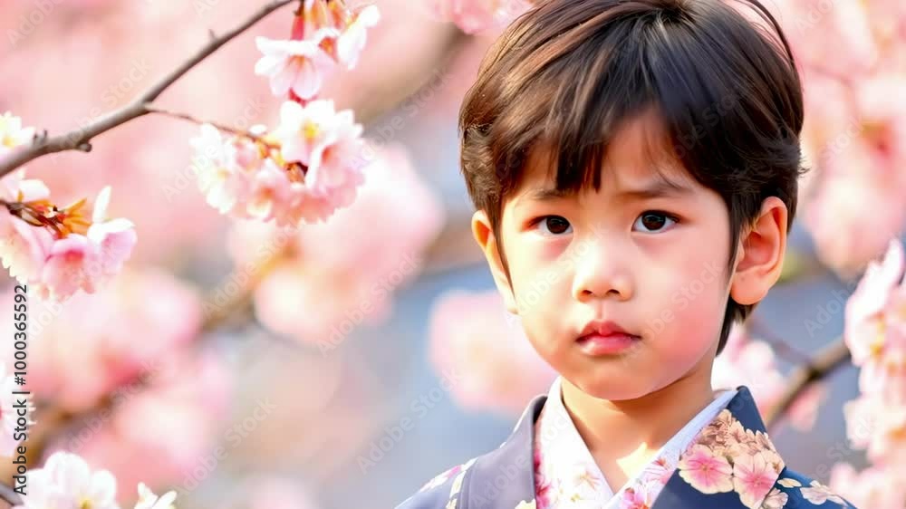 Young boy in traditional clothing standing among blooming cherry blossoms with a serious expression Young boy in traditional clothing standing among blooming cherry blossoms with a serious expression