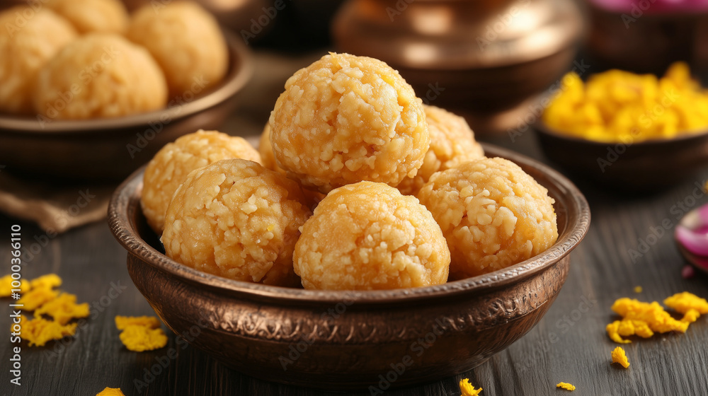 Golden Bowl of Laddus for Diwali and Karwachauth celebration, Khoya Laddu Golden Bowl of Laddus for Diwali and Karwachauth celebration, Khoya Laddu