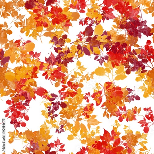 Red brown, lava red, dull orange and beer yellow tree branches with leaves on the white background. Seamless hand drawn pattern.