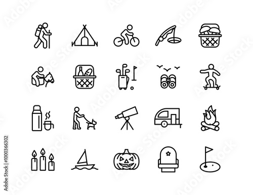 Autumn recreation and other activities icon set with adjustable line weight. Outline style icons depicting fall activities such as hiking, camping, fishing, mushroom picking birdwatching and other.